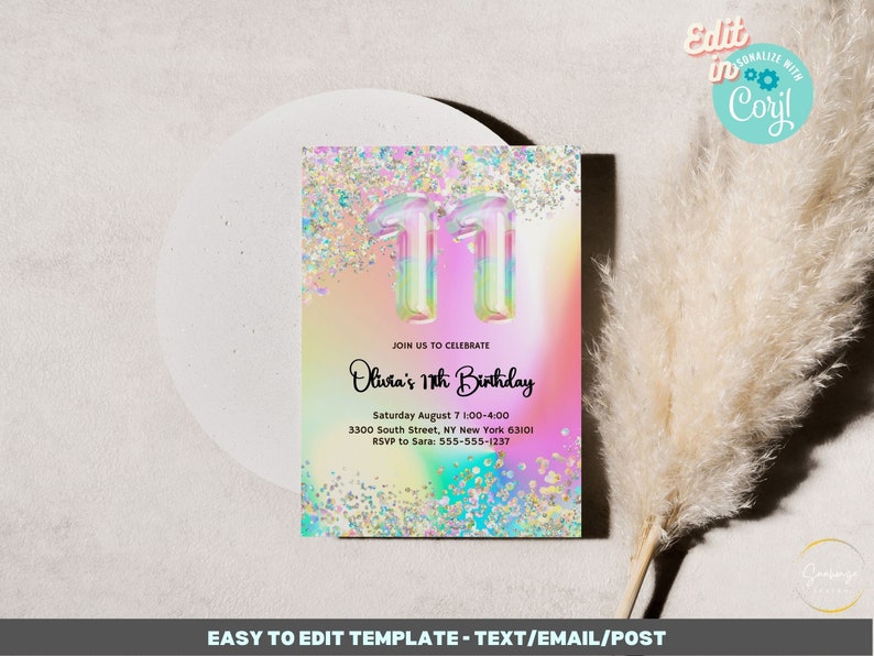 Editable 11th Birthday Invitation Template Printable, Glitter ...