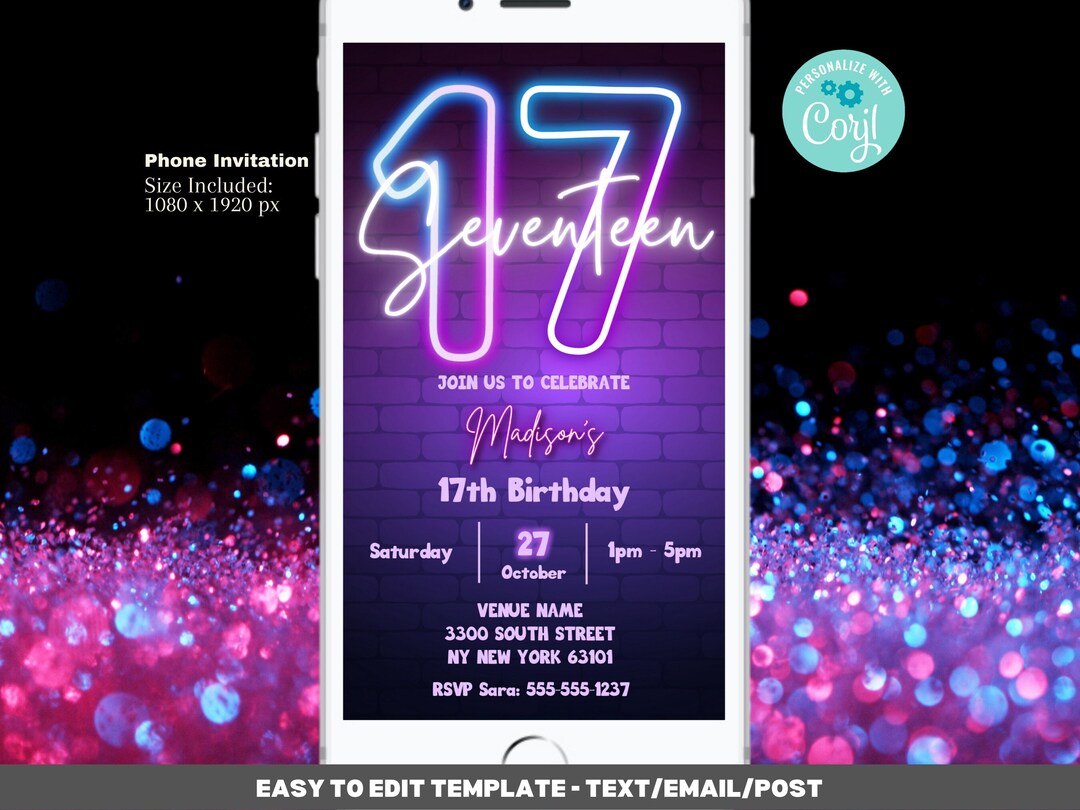 17th Birthday Invitation Template Editable Template Digital Evite