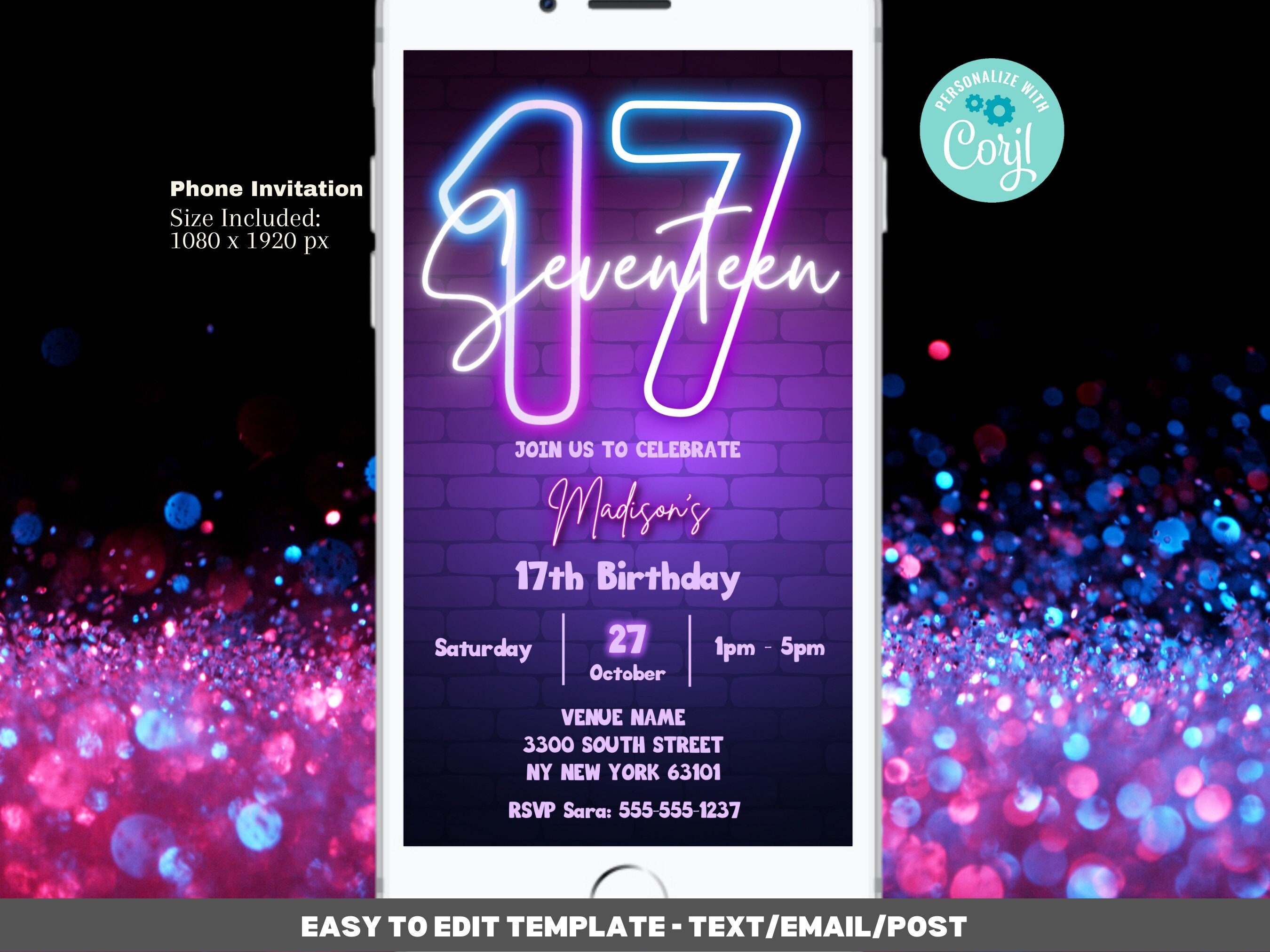 17th Birthday Invitation Template Editable Template Digital Evite 17th Birthday Invitation Template Editable Template Digital Evite