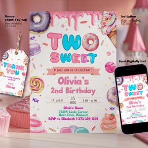 Editable Two Sweet Birthday Invitation Template, 2nd Birthday Girl Donut Birthday Party invitation 5x7 Bonus Thank You Tag