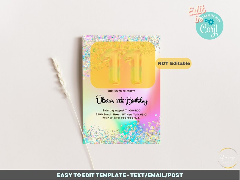 Editable 11th Birthday Invitation Template Printable Glitter - Etsy