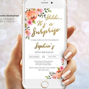Surprise Birthday Invitation Editable Template - Shhh it&#39;s a Surprise Birthday invite Any Age - Floral Invitation -  Editable Evite