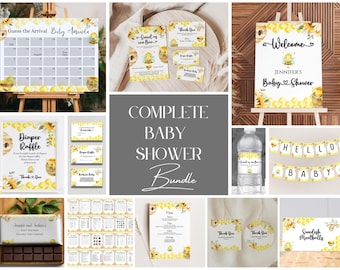 Komplett mallpaket för babyshower med bi, redigerbar inbjudan till babyshower, tackkort och mer utskrivbart BIB267