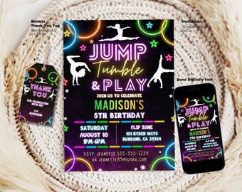 May include: A digital invitation for a 5th birthday party with a neon glow theme. The invitation features a black background with colorful neon circles and stars. The text "Jump, Tumble & Play" is in a bold, neon font. The invitation includes the birthday girl's name, age, date, time, and location. It also includes a thank you tag with the text "Thank You for celebrating with me! Love, Madison".