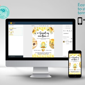 May include: Editable digital invitation template with a bee and honeycomb design. The text reads "Sweet as can Bee".