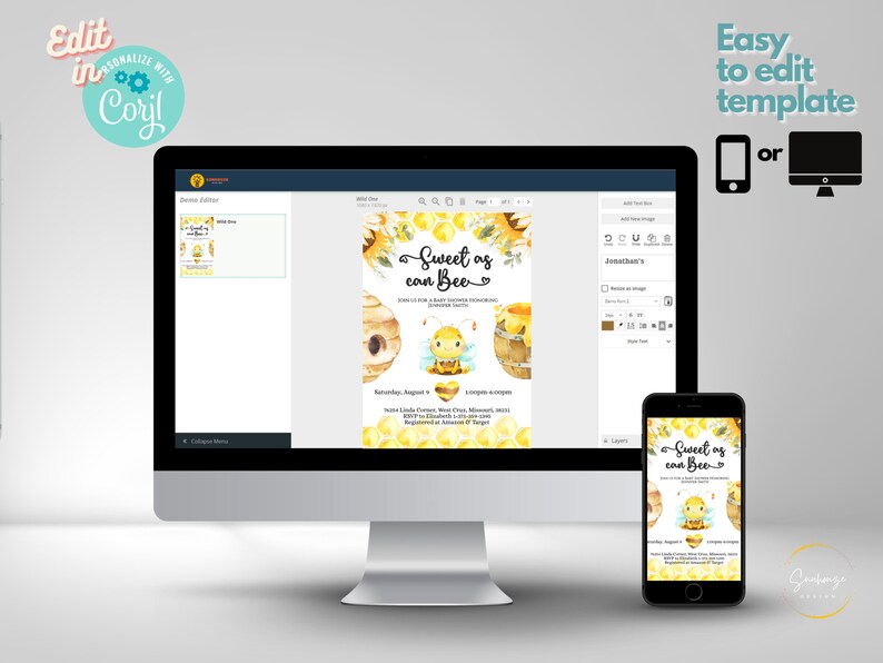 May include: Editable digital invitation template with a bee and honeycomb design. The text reads "Sweet as can Bee".