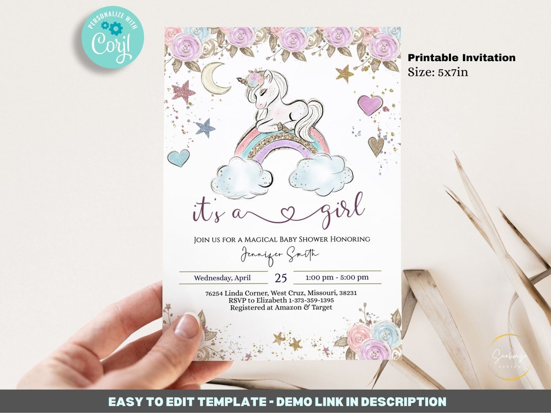Editable Unicorn Baby Shower Invitation Template, Magical Baby Shower