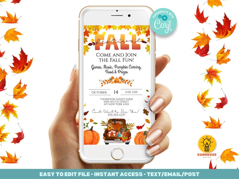 May include: A digital invitation for a fall festival with a cartoon truck full of pumpkins and fall leaves. The text reads "Come and join the fall fun! Games, music, pumpkin carving, food & prizes. October 14, 11:00-5:00. Thompson Family Farm, 3300 South Street, NY New York 63100. Can't wait to see you! 555-555-1237."