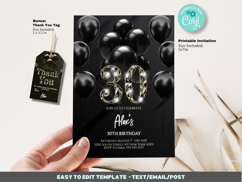 Editable 30th Birthday Invitation Template, Bling Invitation, Black ...