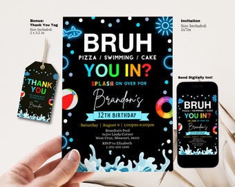 Invitación de cumpleaños editable "Bruh", invitación para fiesta de cumpleaños en la piscina para niños, invitación de cumpleaños "Bruh You in Any Age", descarga digital