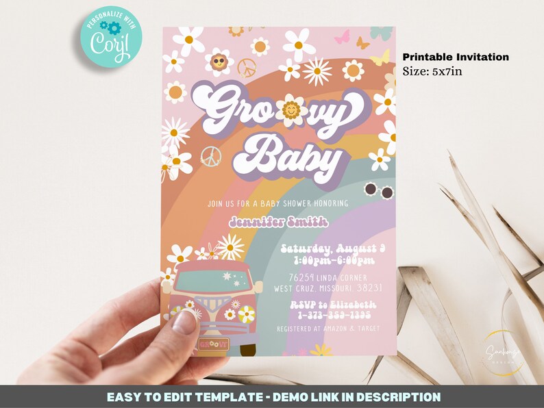 Editable Groovy Baby Shower Invitation Template, Shower Bundle, 70s