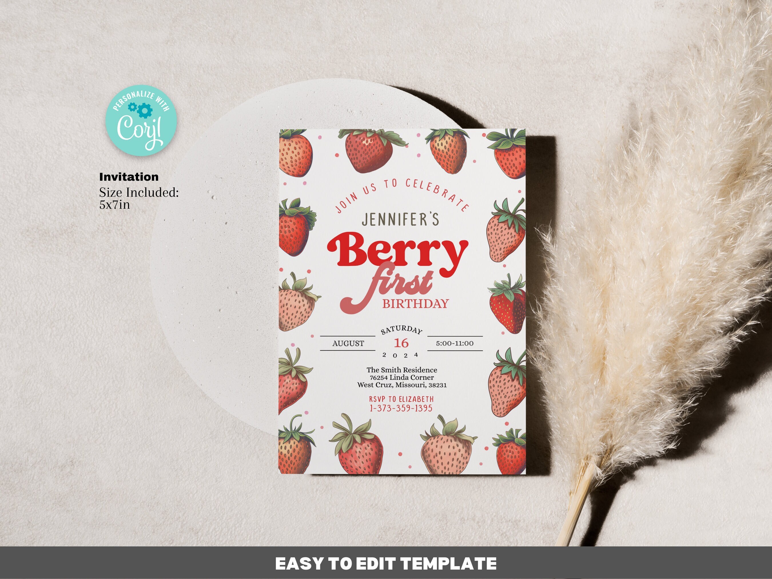 Editable Strawberry 1st Birthday Invitation Template, Berry First ...
