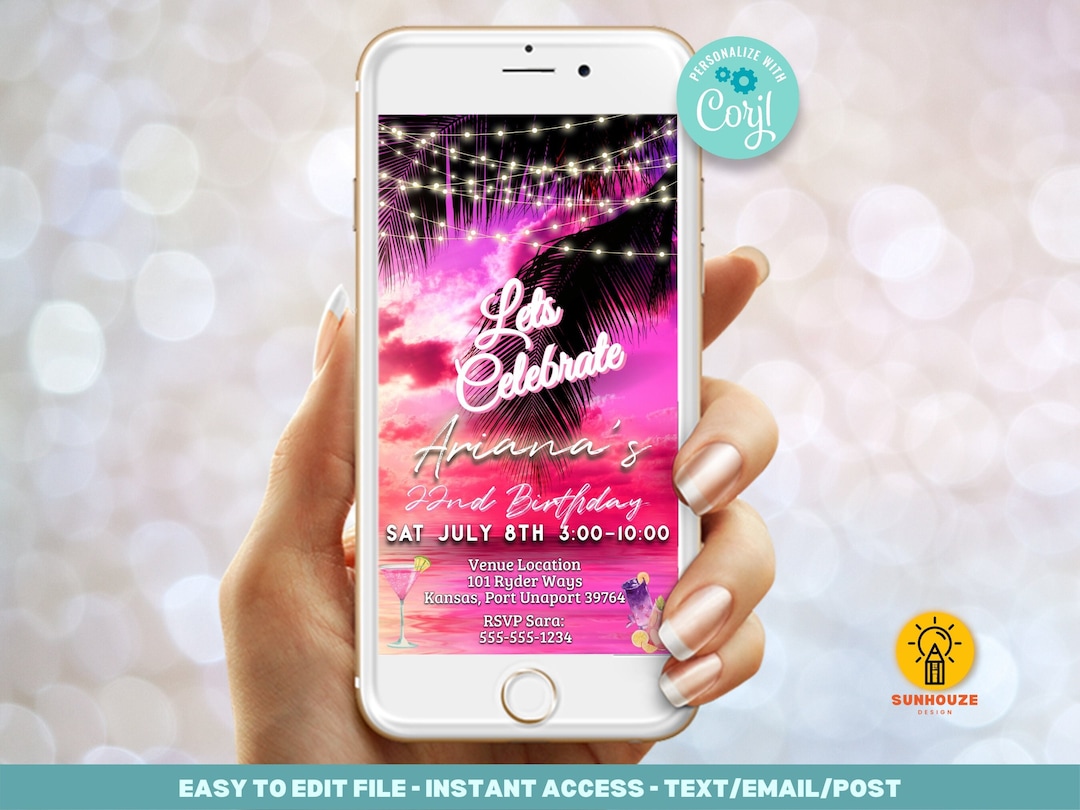 Digital Evite Birthday Invitation Template Miami Beach Tropical Palm