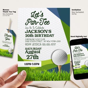 Plantilla de invitación de golf editable, invitación para jugar al golf, imprimible, tamaño 5 x 7, y etiqueta de agradecimiento