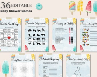Può includere: Un set di 10 giochi di baby shower stampabili a tema anguria e ghiacciolo. I giochi includono "Trova il Bingo degli Ospiti", "Dai un nome a quell'Animale Bebè", "Mamma o Papà", "Riunione Emoji del Libro del Bebè", "Ricerca di Parole per la Baby Shower", "Gravidanza Animale" e "Quanto è Grande la Pancia di Mamma?"