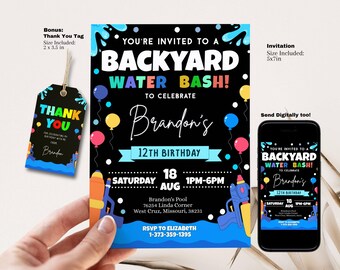 Editable Water Bash Birthday Invitation - Pool Party Evite - Summer Backyard Invite Template - Instant Download - Printable Kids Invite