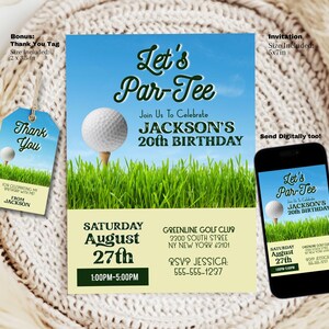 Plantilla de invitación de golf editable, invitación para jugar al golf, imprimible, tamaño 5 x 7, y etiqueta de agradecimiento