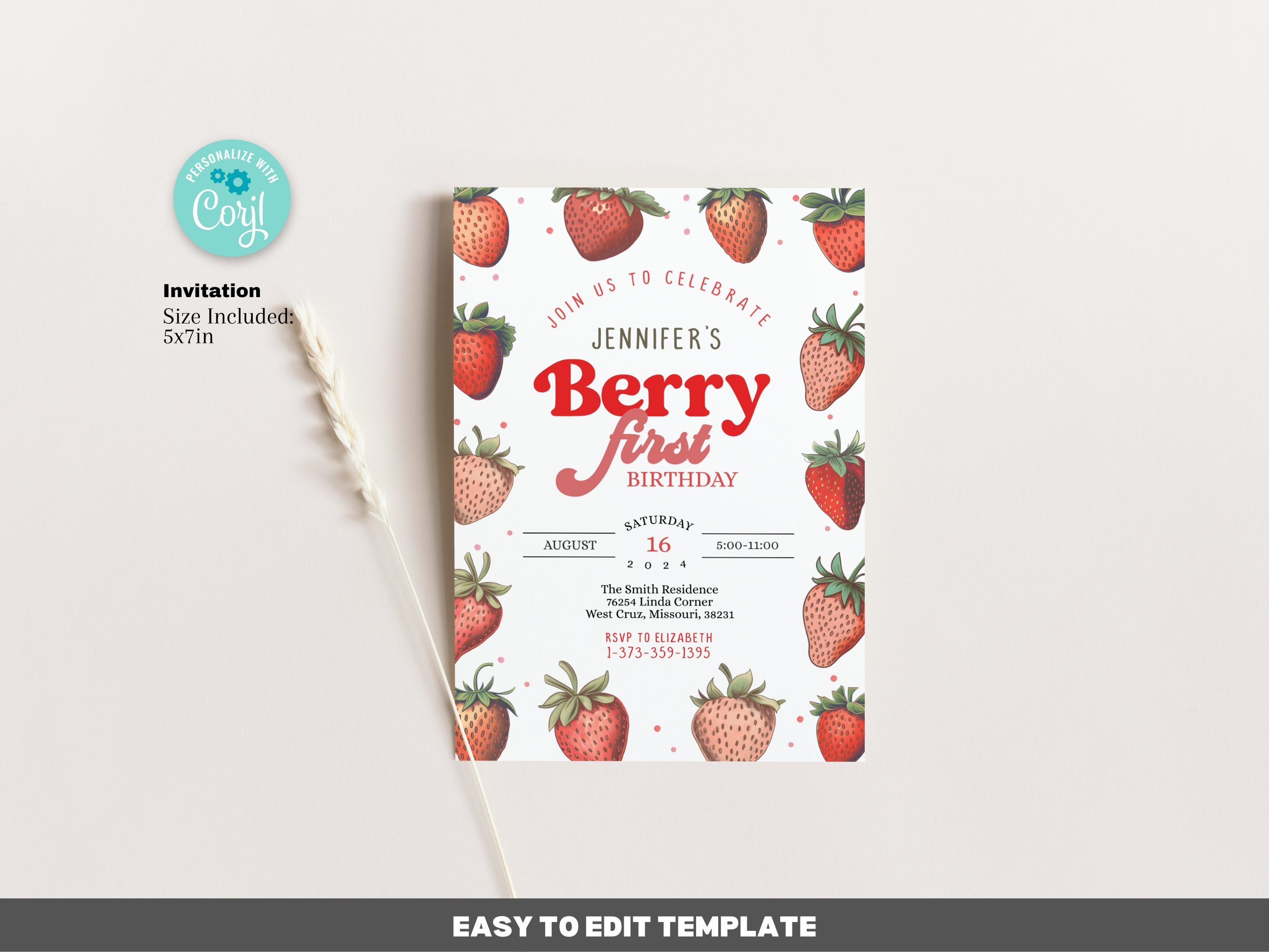 Editable Strawberry 1st Birthday Invitation Template, Berry First ...