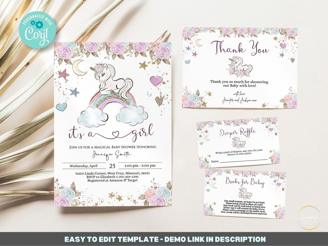 Editable Unicorn Baby Shower Invitation Girl Template Bundle, Magical