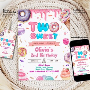 Two Sweet Birthday Invitation Template, 2nd Birthday Girl Donut Birthday Party invitation 5x7 Bonus Thank You Tag Editable