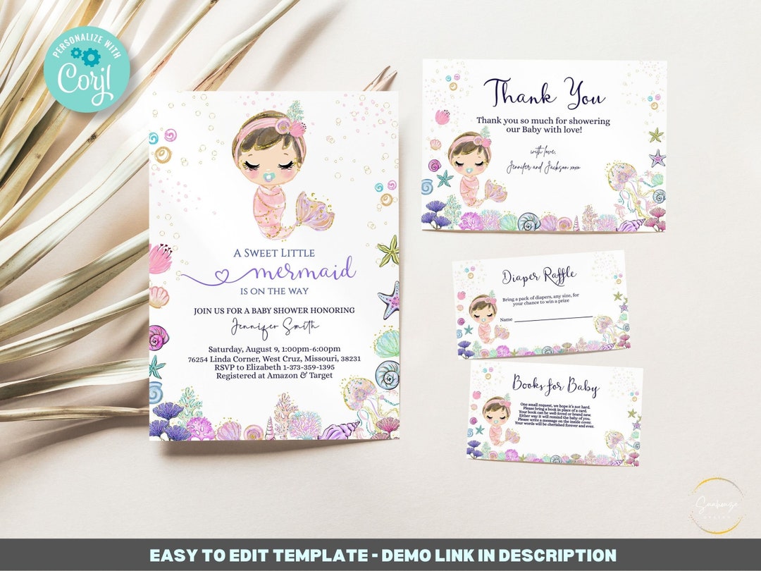 Editable Mermaid Baby Shower Invitation Template BUNDLE, Mermaid Baby ...