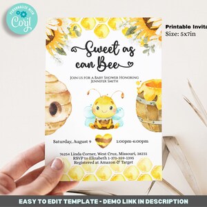 May include: Printable baby shower invitation with a yellow and brown bee illustration and honeycomb pattern. The text reads "Sweet as can Bee" and includes details for the event, including the date, time, location, and RSVP information.