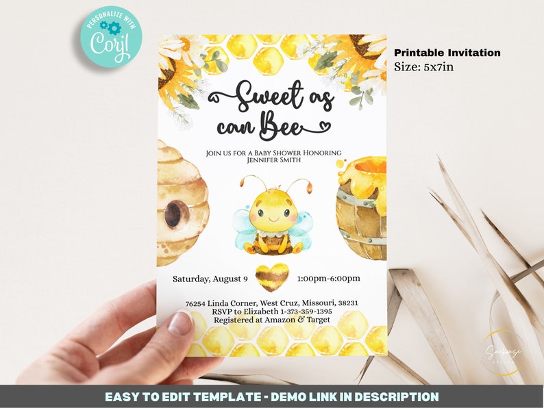 May include: Printable baby shower invitation with a yellow and brown bee illustration and honeycomb pattern. The text reads "Sweet as can Bee" and includes details for the event, including the date, time, location, and RSVP information.