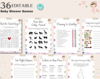 Bundel bewerkbare zeemeermin babyshower spelletjes, bewerkbare sjabloon, zeemeermin thema babyshower spelletjes, zee babyshower, afdrukbare BIB259