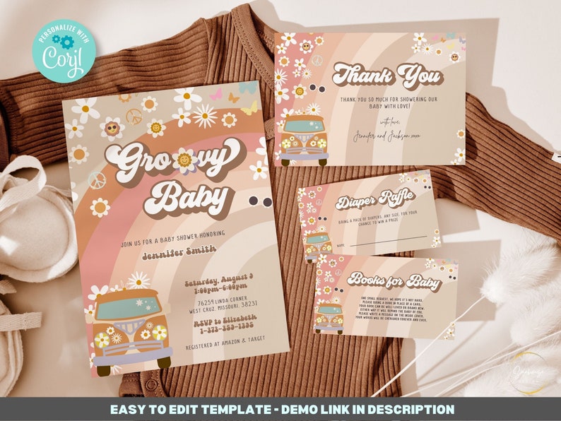 Editable Groovy Baby Shower Invitation Template, Shower Bundle, 70s