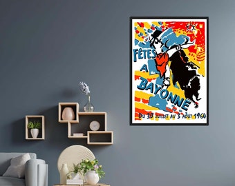 May include: A vintage poster advertising the "Fetes a Bayonne" festival, featuring a colorful illustration of a bullfighter and a bull. The poster is set against a white background with yellow, red, and blue accents. The text on the poster reads "Fetes a Bayonne" and "Du 30 Juillet au 3 Aout 1964".