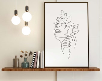 Butterfly Line Art Print, Abstract Woman Wall Art, Printable Boho Female Face Poster