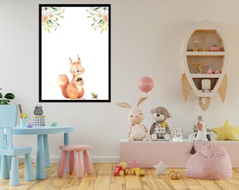 Watercolor Squirrel Nursery Print, Woodland Animal Wall Art, Baby Room Printable Decor