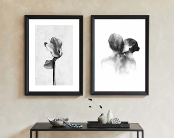 Set of 2 Romantic Black And White Decor Wall Art Poster - Romantic Kiss Wall Art Poster - Aesthetic Home Wall Art Living Room Wall Art