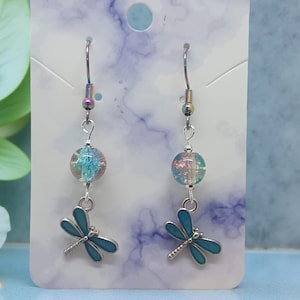 Dragonfly Earrings with Blue and Pink Crackle Glass Beads on PVD Wires