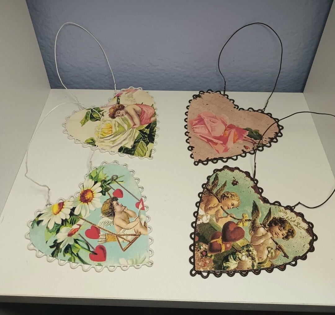 Lot of 4 Vintage Heart Wall Hangings Aluminum or Tin Roses Cupid Hearts