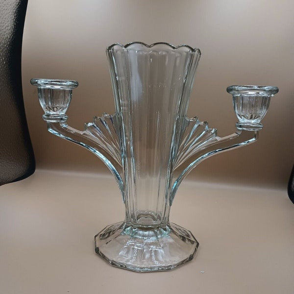 Vintage 30s/40s Jeannette Glass Art Deco Vase Candelabra Double Candle Holder