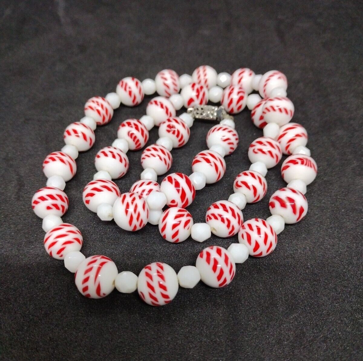 Vintage MCM Red/White Glass Bead 24" Necklace Candy Cane