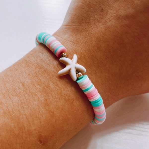 Pink and Teal Starfish Beaded Bracelet