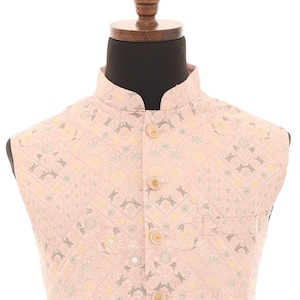 Men’s Pink Peach Nehru Vest – Self-Embroidered Fabric with Sequins for Timeless Elegance