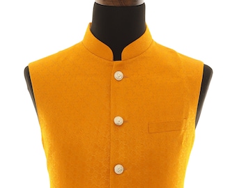 Elegant Dark Yellow Men's Nehru Jacket in Finest Brocade Fabric—Dapper Style Statement