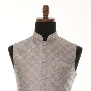 Men's Steel Grey & Gold Nehru Jacket, Sleeveless Jacket, Indian Traditional Wear, Indian Party Wear, Wedding Wear, Nehru Jacket