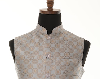 Men&#39;s Steel Grey & Gold Nehru Jacket, Sleeveless Jacket, Indian Traditional Wear, Indian Party Wear, Wedding Wear, Nehru Jacket