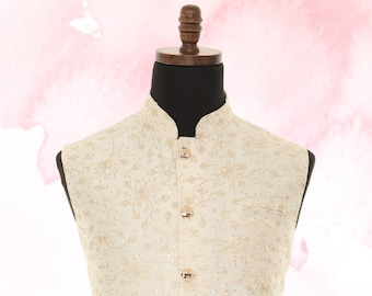 Men&#39;s Ivory Nehru Jacket: Thread Work Indian Wedding Wear