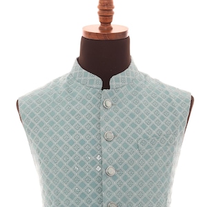 Men’s Soft Blue Vest – Self-Embroidered Fabric with Sequins for a Sophisticated Look
