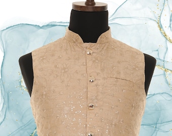 Men&#39;s Beige Shade With Thread Work Nehru Jacket, Sleeveless Jacket, Indian Traditional Wear, Indian Party Wear, Wedding Wear, Nehru Jacket
