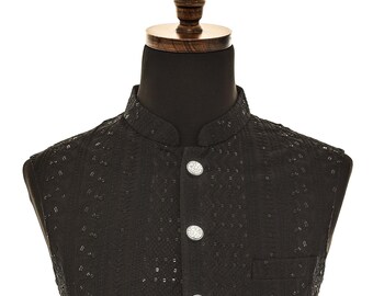 Men’s Black Nehru Vest – Self-Embroidered Fabric with Sequins for Elegant Style
