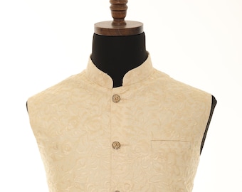Men's Ivory With Thread Work Nehru Jacket, Sleeveless Jacket, Indian Traditional Wear, Indian Party Wear, Wedding Wear, Nehru Jacket