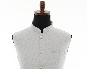 Timeless White Self Embellishment Nehru Jacket for Men: Elegance Redefined