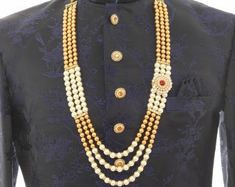 Traditional Elegant Gold Pearl & White Necklace For Men