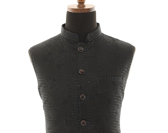 Men's Black Nehru Jacket with Self Embroidery Detailing